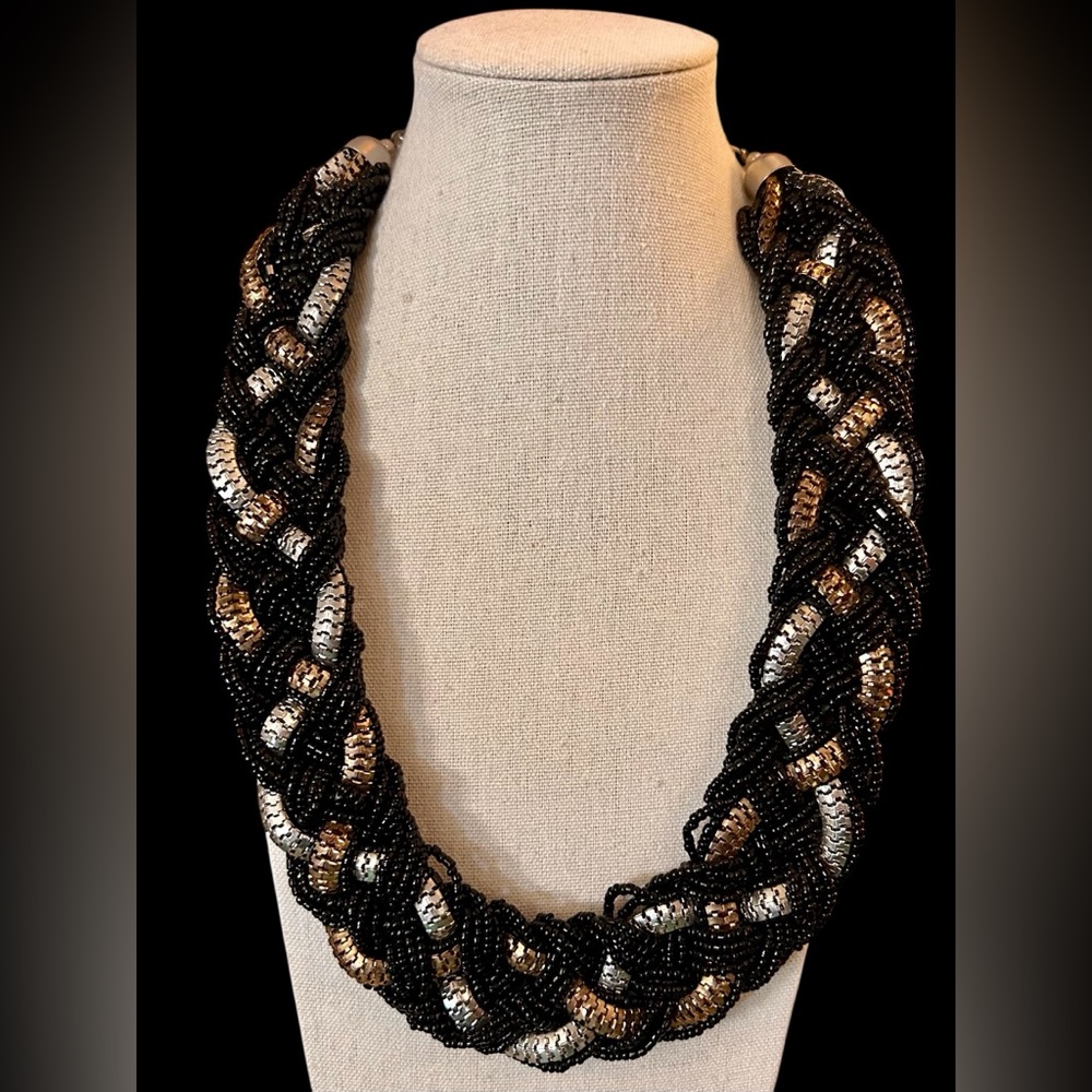 Artisan Woven Mesh and Seed Beads Black Necklace